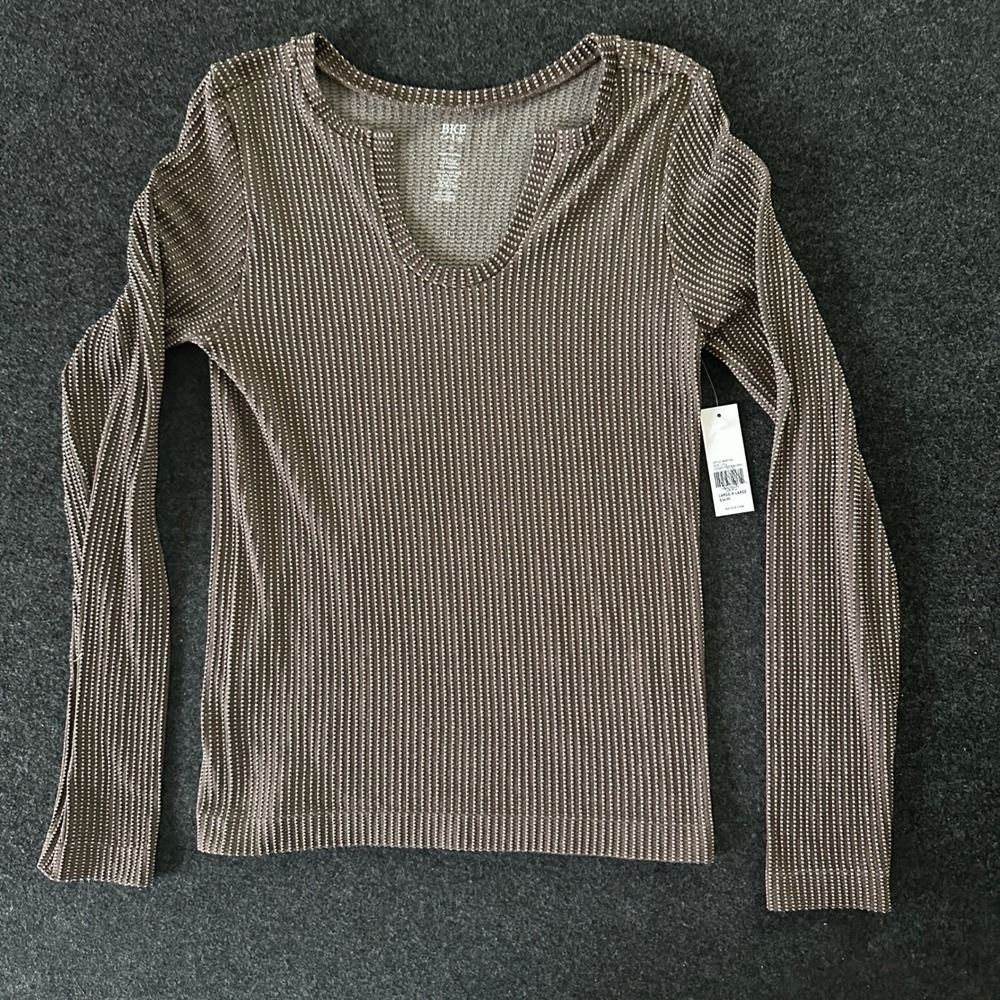 BKE Core Womens Peppercorn Brown Textured Waffle Knit Notch Neck Top BM0749 L/XL
